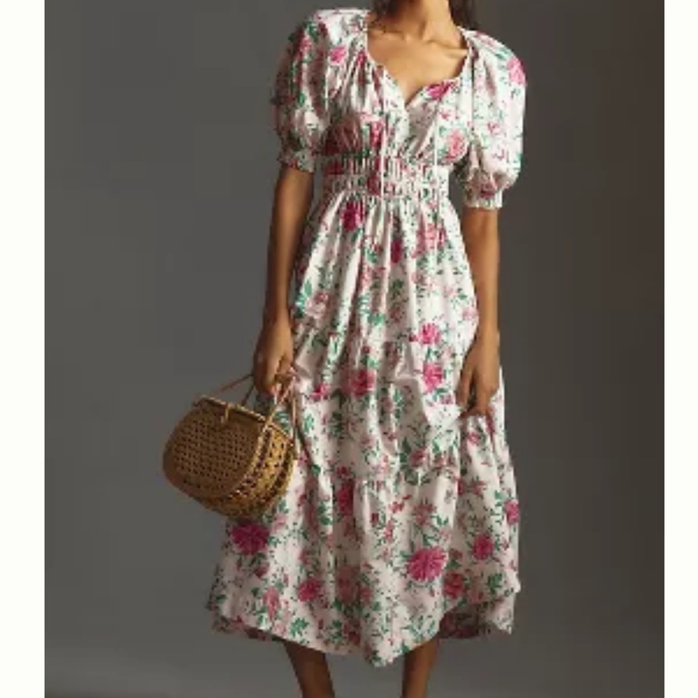 Anthropologie White Floral Maxi Dress with Pink & Green Print